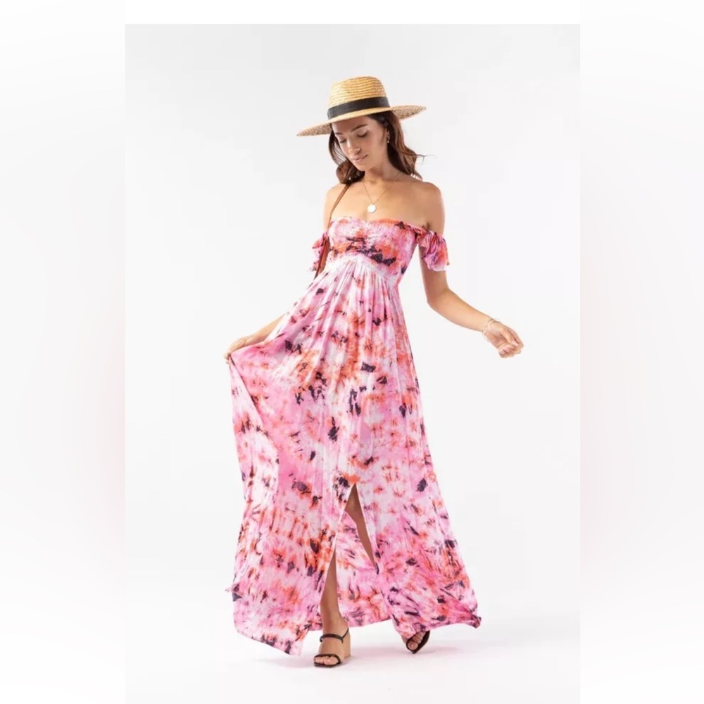 Tiare Hawaii Pink Tie-Dye Off-Shoulder Maxi Dress